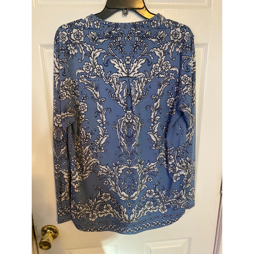 Belle by Kim Gravel Blue Floral Damask Split Neck Long Sleeve Blouse Medium - Picture 3 of 3